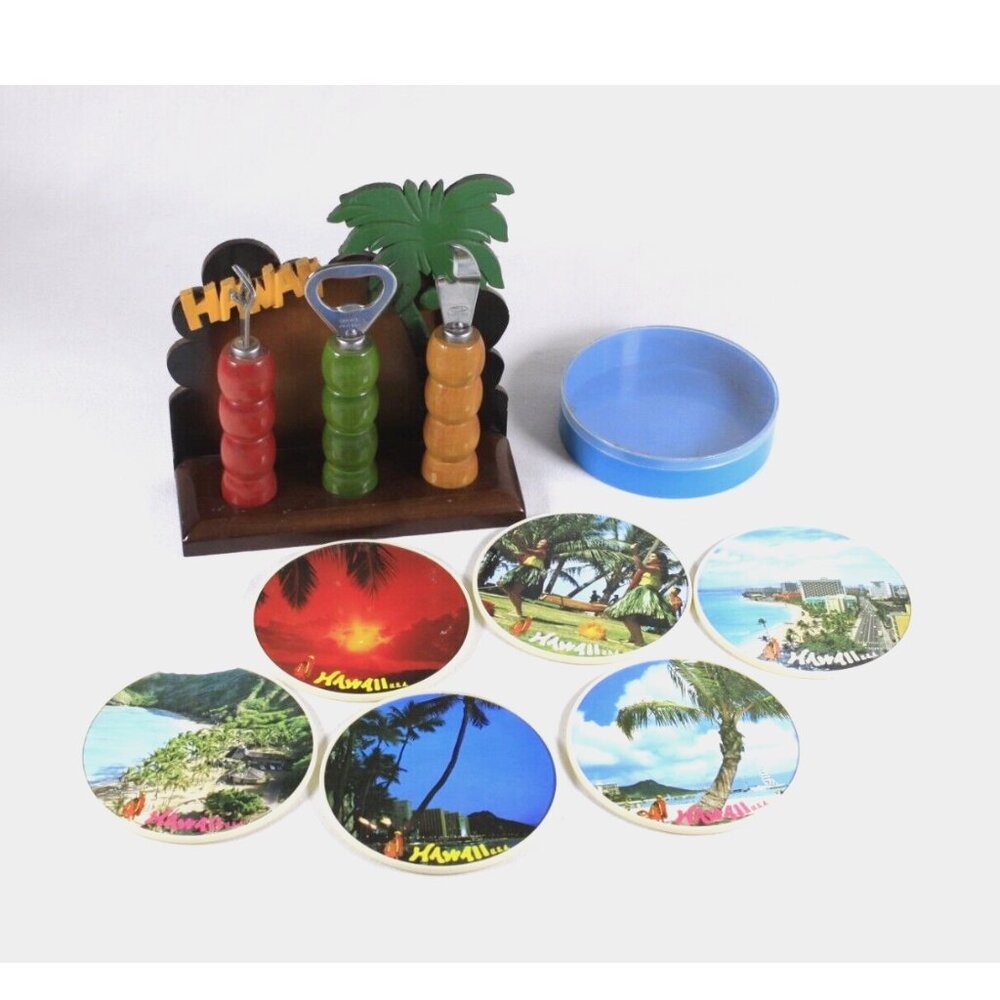 Hawaii Bottle opener and coaster set, Tiki bar themed housewarming gift idea